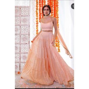 Crop top and palazzo wide pants with dupatta.